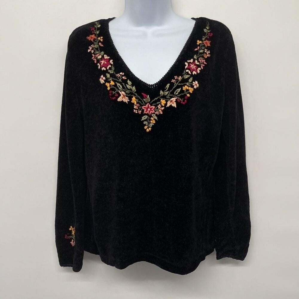 Vintage Velvet Floral Embroidered Sweater V Neck Top Blouse Long Sleeve 90s Blac - Picture 1 of 8